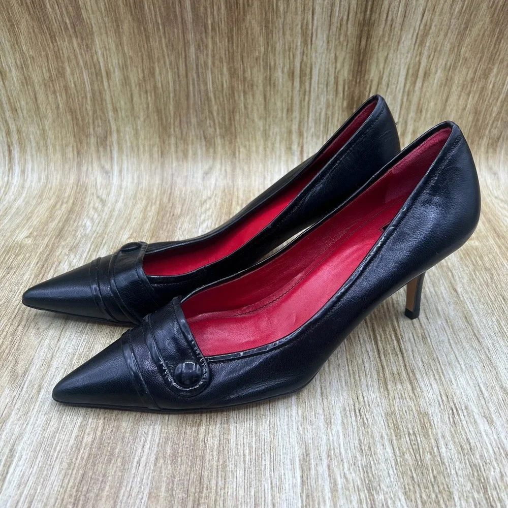 Coach Pointed Toe Pumps Women's Size 8 B Black Button Pleated Stiletto Heels